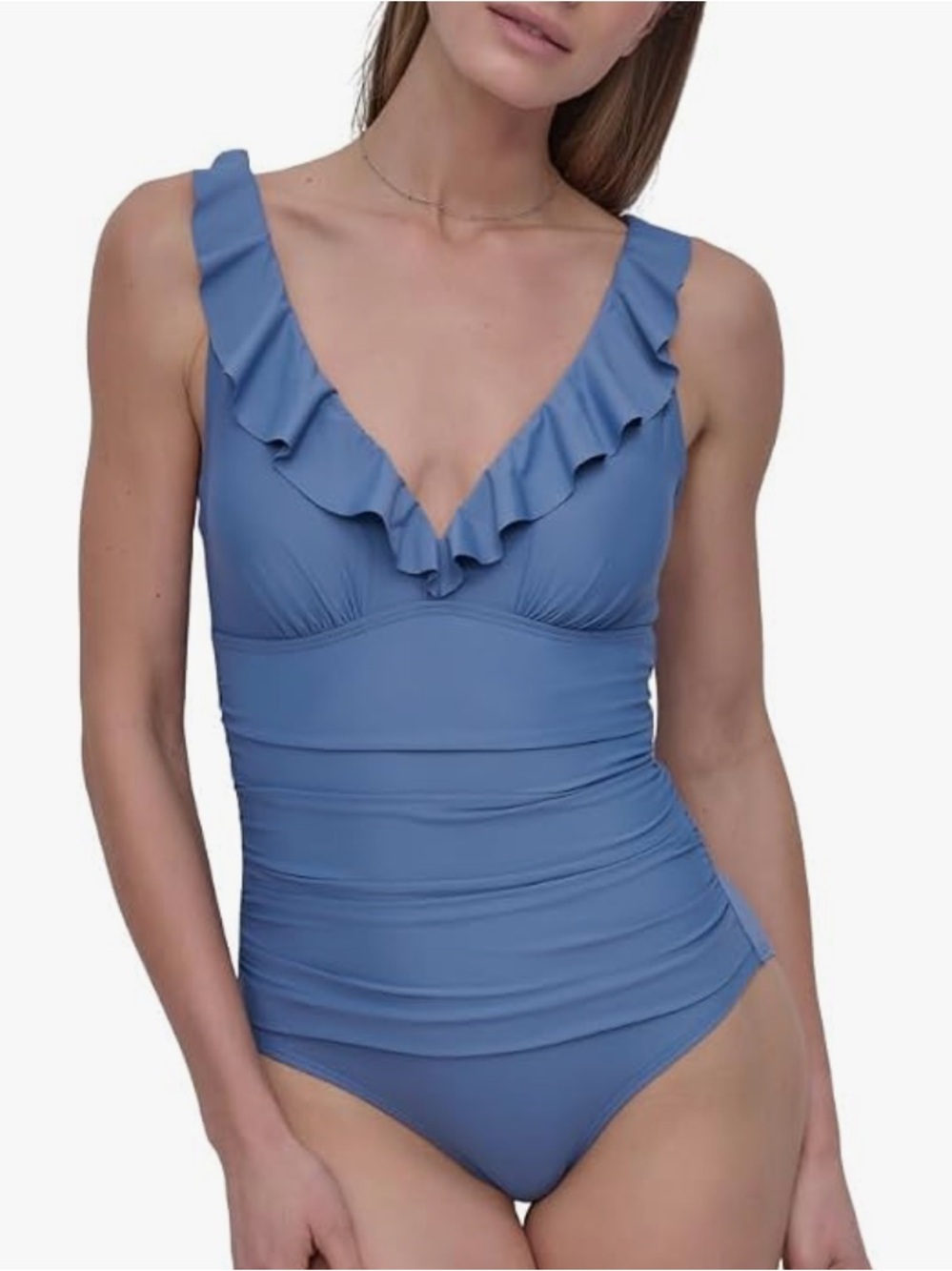 DKNY Large Dusty Blue Bluebell Ruffled V Neck One Piece Swimsuit